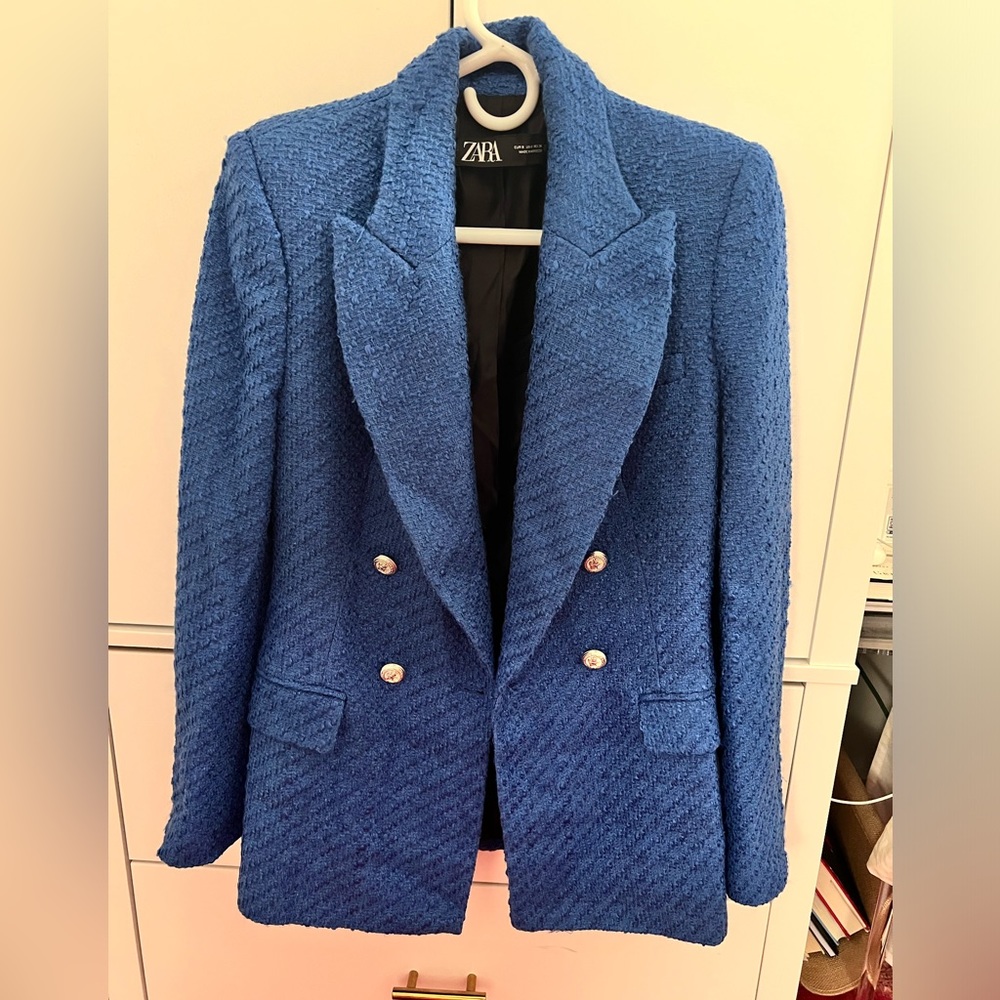Zara Royal Blue Textured Double-Breasted Blazer